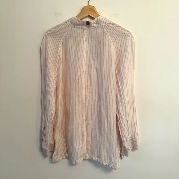 Lunya Silk Linen White Pink Striped Button Up Shirt Pajama Top PJs Medium